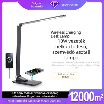 LED szemvédő asztali lámpa kefés fém textúrával, összecsukható, 10W vezeték nélküli töltés, USB-port, irodai asztali lámpa