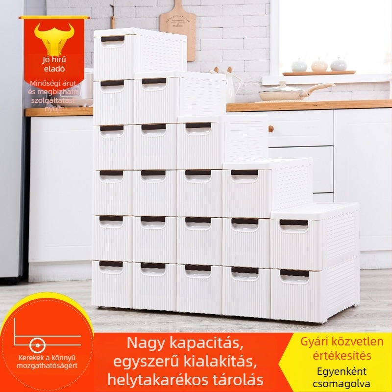 Modern minimalist plastic fiókos tároló szekrény többszintes felépítéssel, fürdőszobába, konyhába, nappaliba és hálószobába.