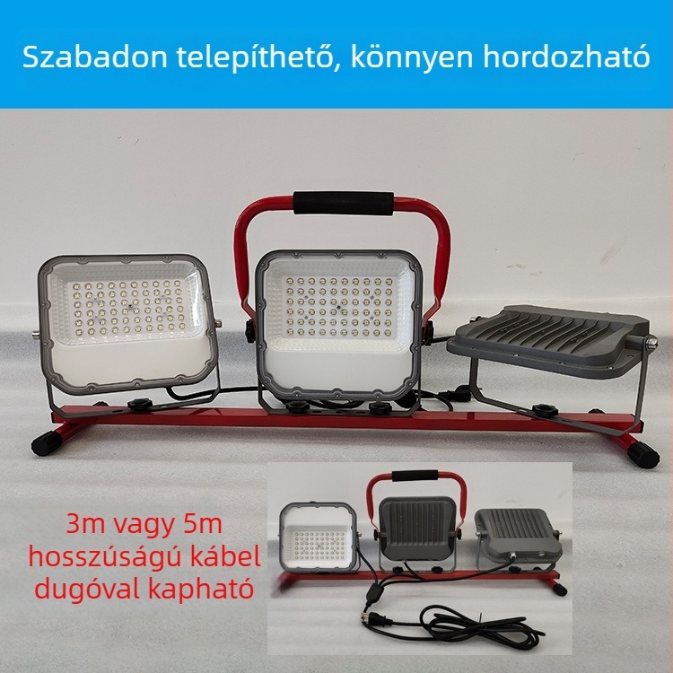 Műhelyhez készült LED munka lámpa, hordozható reflektor háromszög alapú állvánnyal, kültéri építkezési világítás