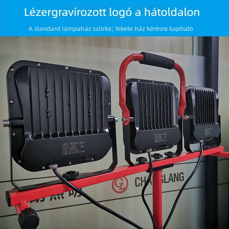 Műhelyhez készült LED munka lámpa, hordozható reflektor háromszög alapú állvánnyal, kültéri építkezési világítás