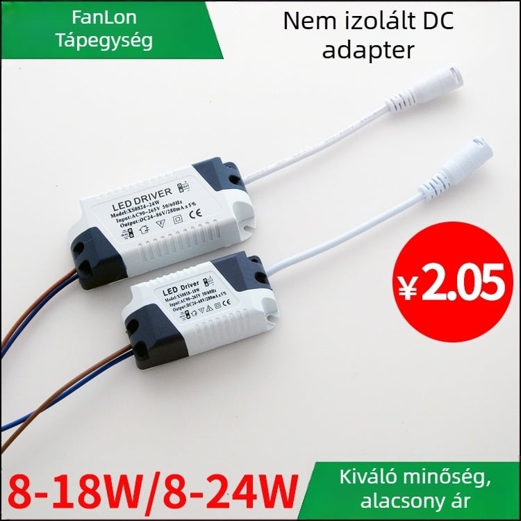 LED panel lámpa meghajtó, 8-18W, 12W és 24W, széles bemeneti feszültség, állandó áram, nem izolált, ultra vékony táp DC női csatlakozóval