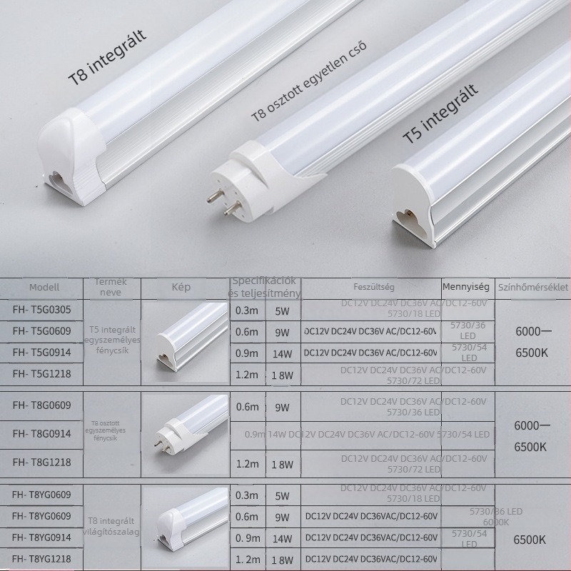 LED alacsony feszültségű cső, univerzális AC/DC bemenet 12–36V, integrált alumínium-plasztikus T5/T8, hossz 1,2 m, 18 W, 72 LED