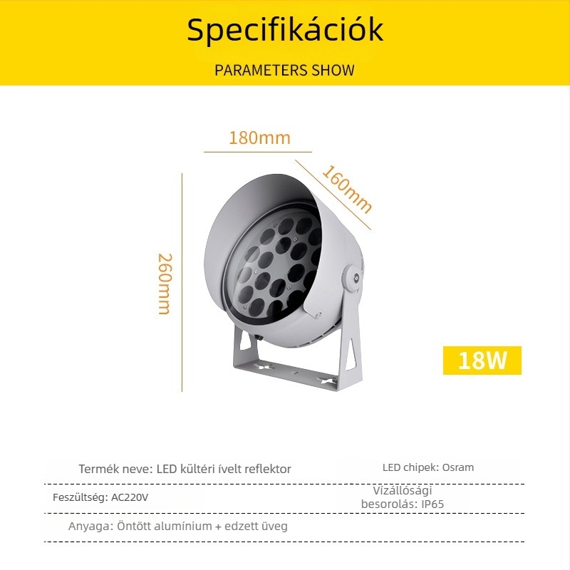 Kültéri vízálló LED fa világítás ívelt vetítéssel, öntisztító körvetítő fény, 36 LED, 12–54W, szürke alumínium ház, IP65, 45° fénysugár, modell JSL-1081