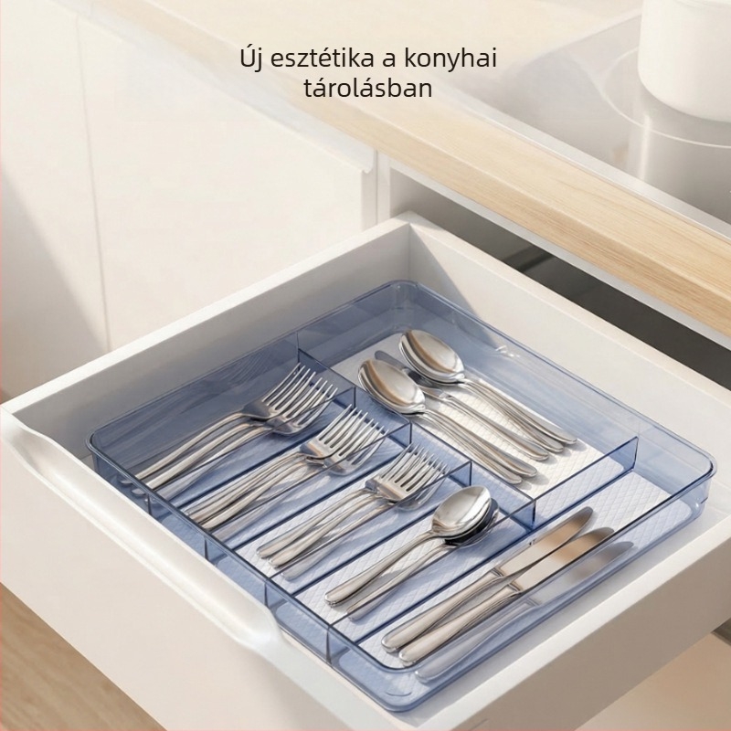 Átlátszó hat rekeszes evőeszköz-tároló tálca fiókokhoz, műanyag tároló doboz, testre szabható