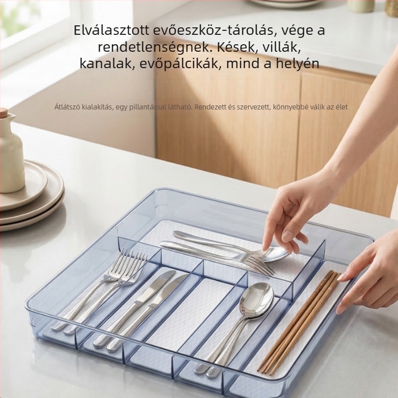 Átlátszó hat rekeszes evőeszköz-tároló tálca fiókokhoz, műanyag tároló doboz, testre szabható