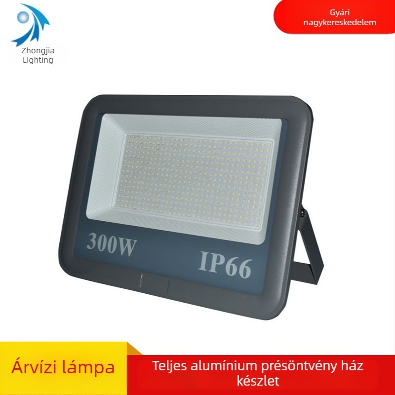 LED-s reflektor öntött alumínium házzal, kültéri használatra, 300W–500W, beépített patch LED, széles peremes ház