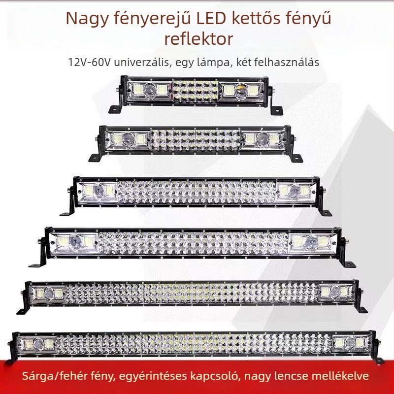 Autó LED szalagfény, sárga és fehér két színű lézer spot, 12–24V, vízálló, háromsoros rács a hosszú és a közeli fényhez