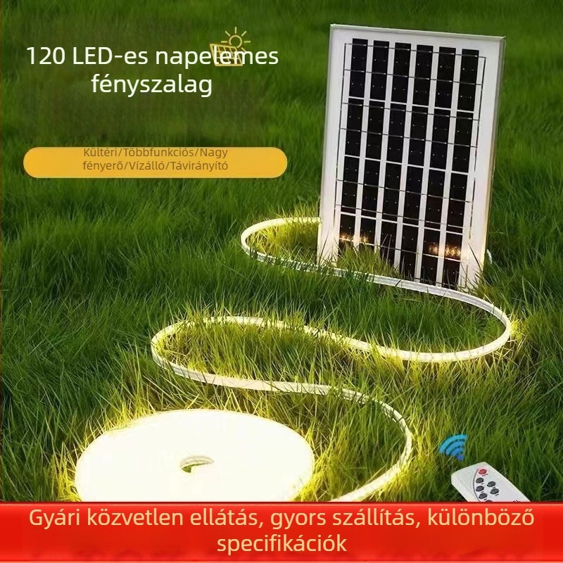 Kültéri vízálló LED fényfüzér udvarhoz, dekor csillagos ég, villogó színes fénycsíkok, napelemes működés