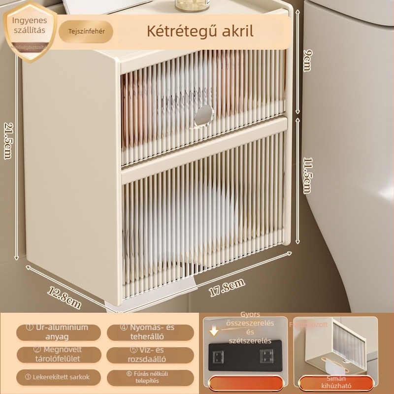 Akril vízálló falra szerelhető vécépapír tartó doboz tekercs-tárolóval — modern minimál stílus