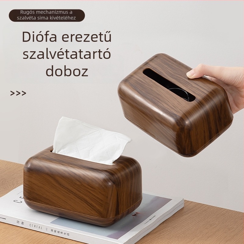 Műanyag papírzsepi doboz fa mintával – minimalistikus asztali szalvétatartó nappalira, konyhába, fürdőbe, szállodába vagy étterembe
