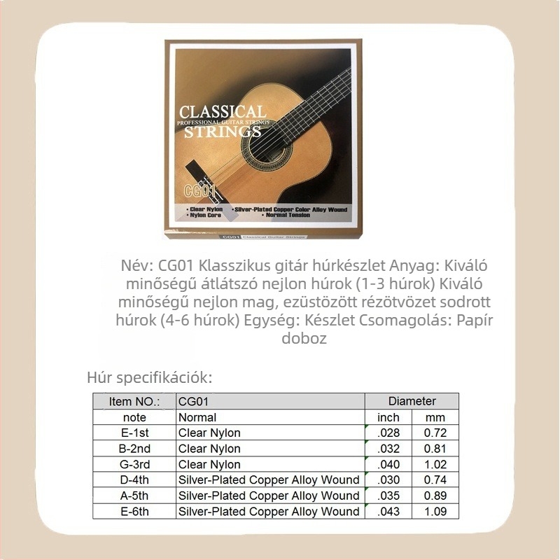 Nylonos klasszikus gitárhúr készlet, 6 db, ezüstözött rézötvözet tekeréssel