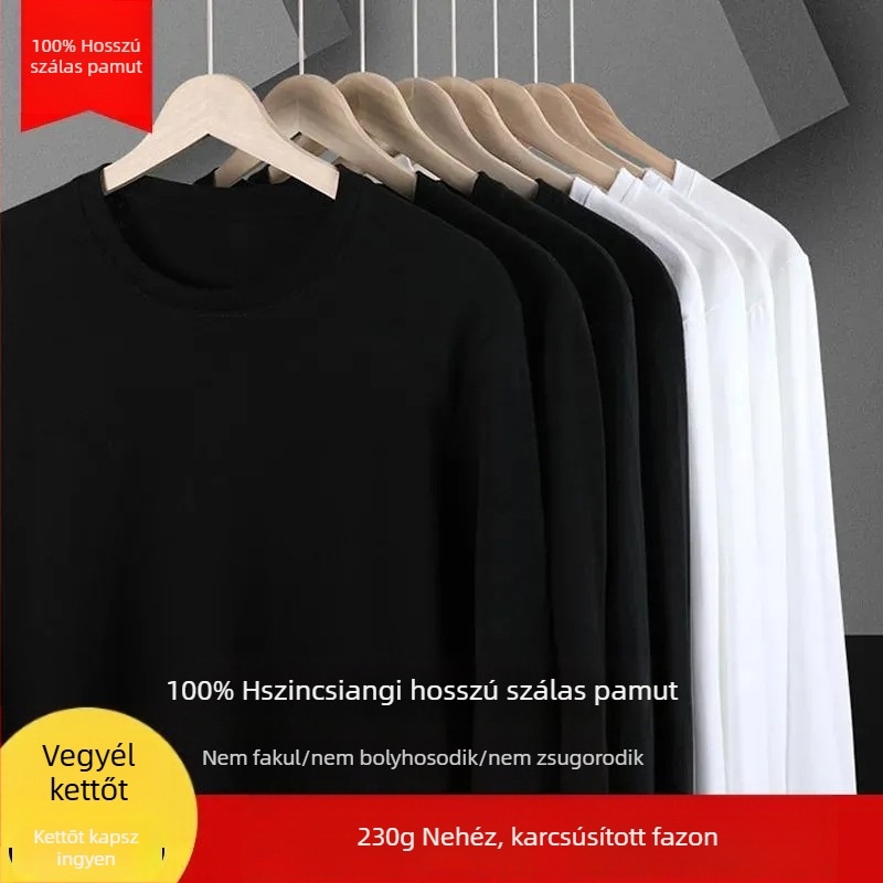 Férfi vastag pamut hosszú ujjú egyszínű póló, slim fit, őszi-téli alapréteg, kényelmes