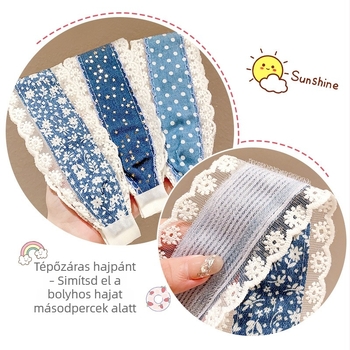 Denimkék széles frufli hajpánt lányoknak, nem károsítja a hajat, Velcro-záras