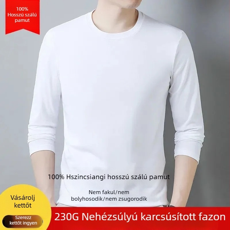 Férfi pamut hosszú ujjú póló, egyszínű, kerek nyakú, szűk szabás, vastag anyag, őszi-téli szezonhoz