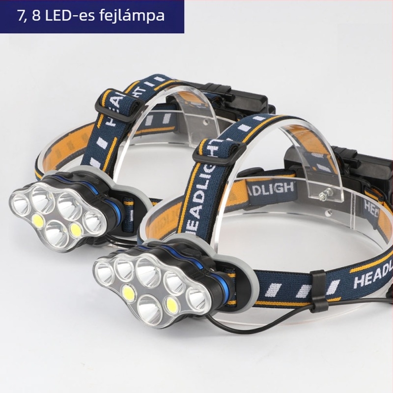 Éjszakai horgász fejlámpa COB vetítőfénnyel, 8 LED, piros fény, vízálló, USB töltés, hosszú akkumulátor-üzemidő