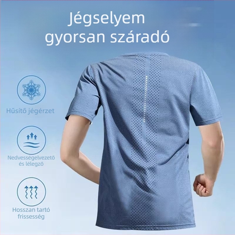 Férfi gyorsan száradó ice-silk, légáteresztő nyári rövid ujjú sportos póló futáshoz és edzéshez