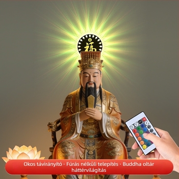 Kör alakú Buddha-szentély szerencseháttérrel, Bodhisattva szobor az oltárnál, dekoratív LED lámpa USB-töltéssel és mozgásérzékelővel