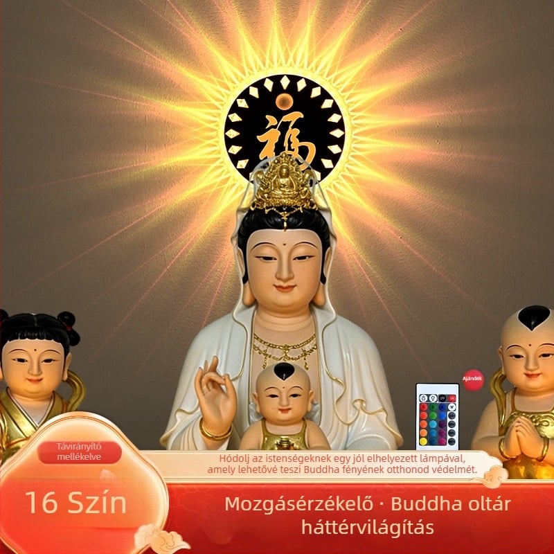 Kör alakú Buddha-szentély szerencseháttérrel, Bodhisattva szobor az oltárnál, dekoratív LED lámpa USB-töltéssel és mozgásérzékelővel