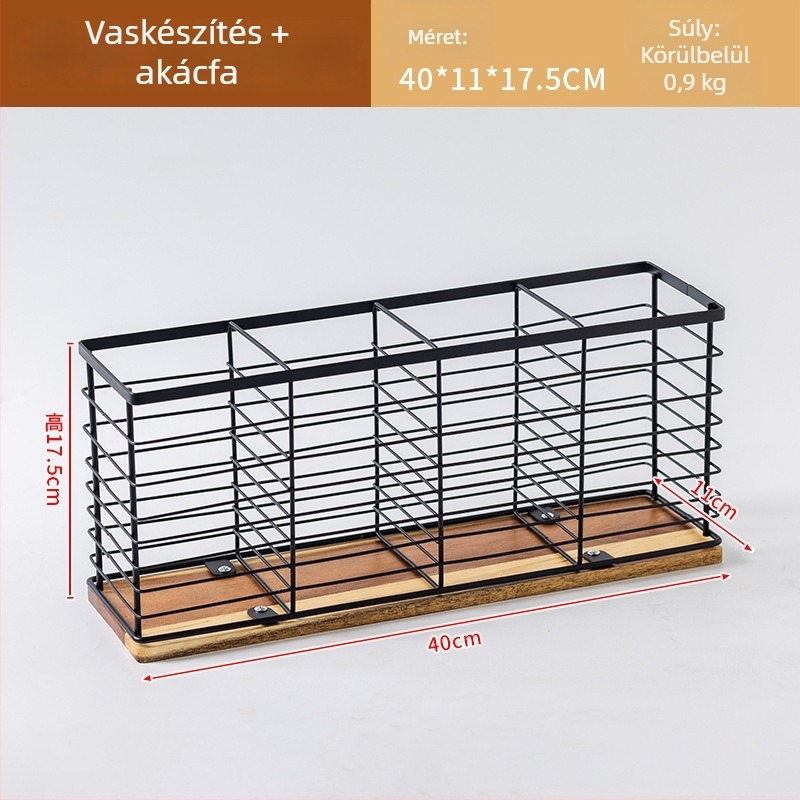 Kovított vasból és akácfából készült konyhai tároló — több rekeszes szervező evőeszközöknek és palackokra való hely az olaj és a fűszerek számára