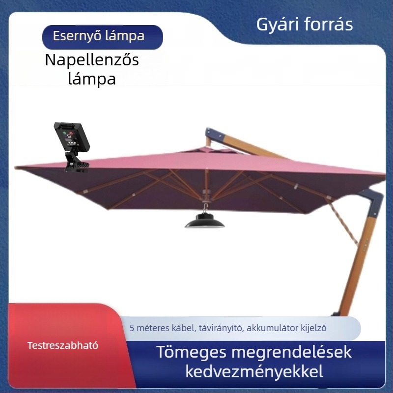 Napelemes kültéri LED napernyő világítás – hordozható kempinghez, sátorhoz és tengerparti árnyékhoz