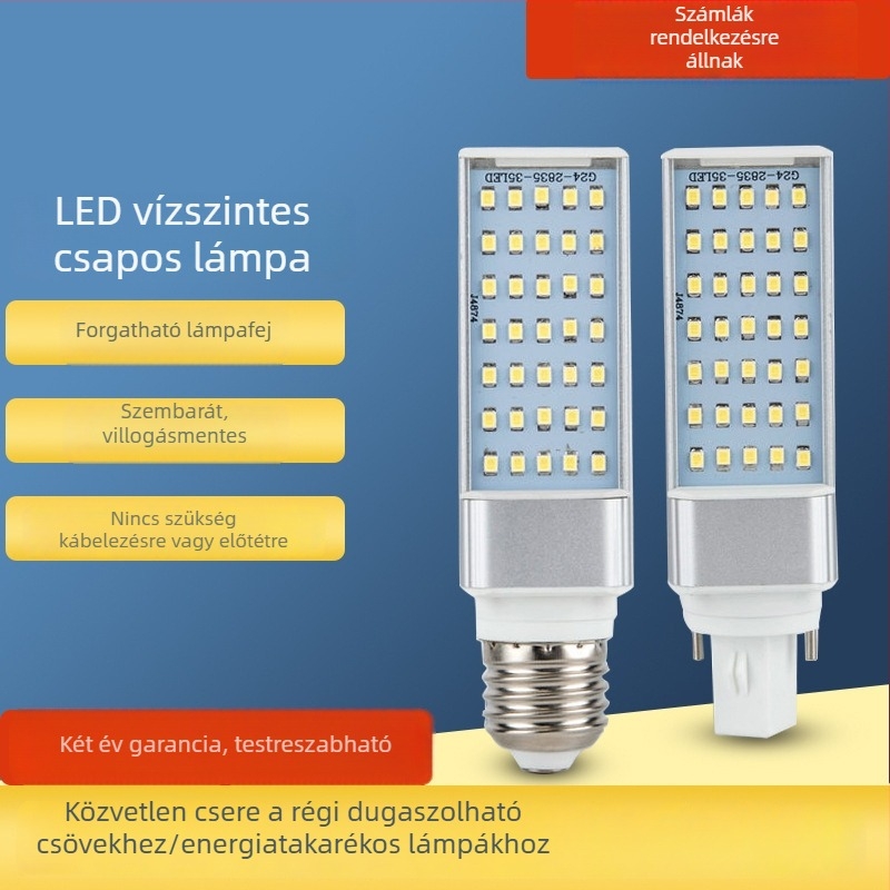 LED vízszintes dugós lámpa, teljes alumínium test, G24 dugaszcsatlakozó, 110–240V, egyoldalas kukorica LED izzó