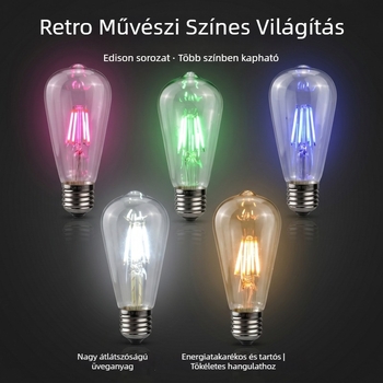 LED filament ST64 Színes retro Edison-lámpa, tömfilament imitáció, 220V, E27 foglalat, színek: piros, kék, zöld, rózsaszín