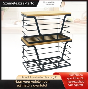 Fali rögzítésű vas- és fa tároló kosár konyhai szemeteszsákok és egyéb kisebb tárgyak számára