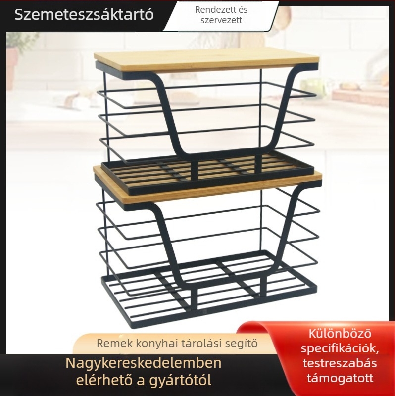 Fali rögzítésű vas- és fa tároló kosár konyhai szemeteszsákok és egyéb kisebb tárgyak számára