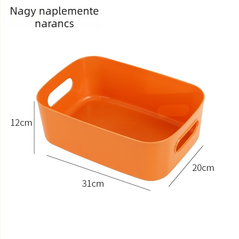 Asztali műanyag, négyzet alakú tárolókosár otthoni rendhez, ideális a konyha, kozmetikumok és nassolnivalók számára.