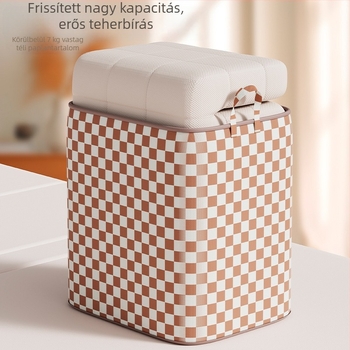 Beige kockás húzózsinóros tárolókosár ruhákhoz, 90 L, mosható, 100 g nem szövött anyagból