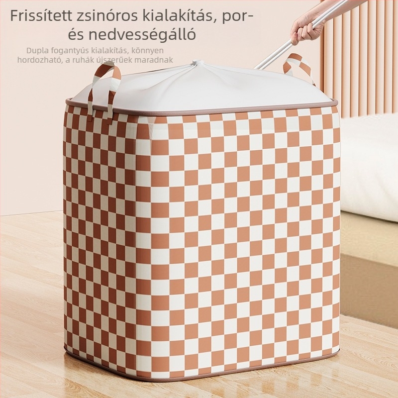 Beige kockás húzózsinóros tárolókosár ruhákhoz, 90 L, mosható, 100 g nem szövött anyagból