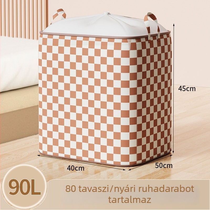Beige kockás húzózsinóros tárolókosár ruhákhoz, 90 L, mosható, 100 g nem szövött anyagból
