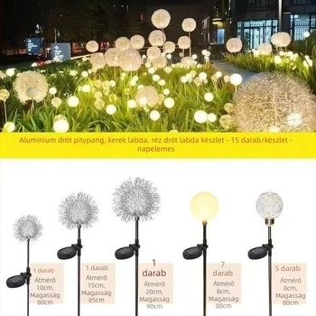 LED lámpa alumíniumszálból, pitypang formájú, napelemes, vízálló, kültéri gyep világítás