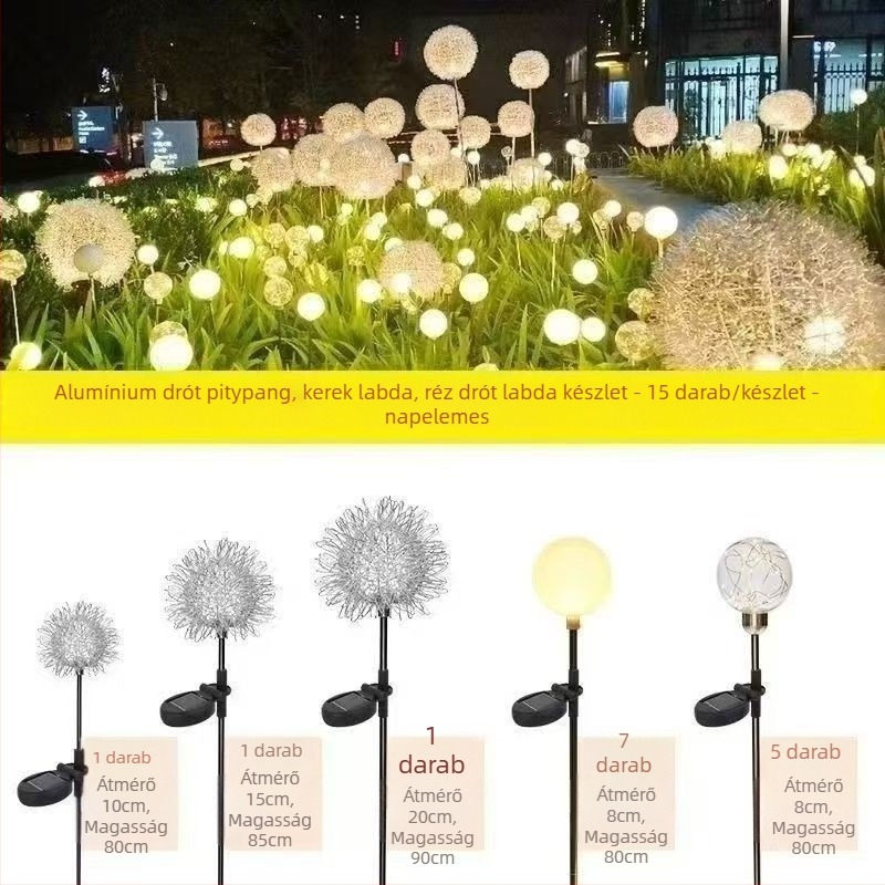 LED lámpa alumíniumszálból, pitypang formájú, napelemes, vízálló, kültéri gyep világítás