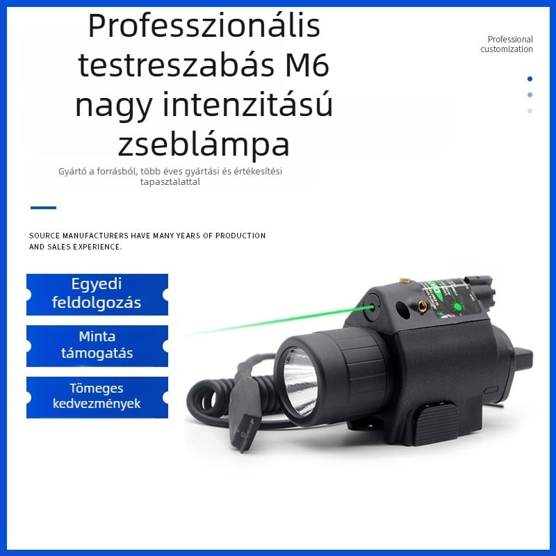 Zöld LED zseblámpa M6 integrált taktikai lézerrel, kültéri strob és sínfény