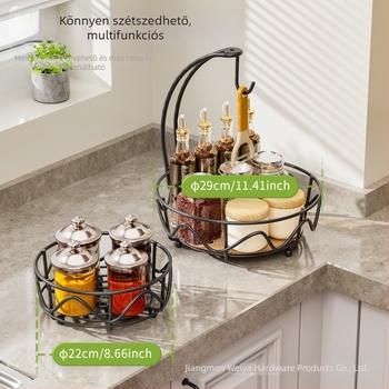 Kovácsoltvas kétszintes tárolóállvány, konyhai gyümölcs- és zöldségtartó kosár kerek fa alappal, leválasztható