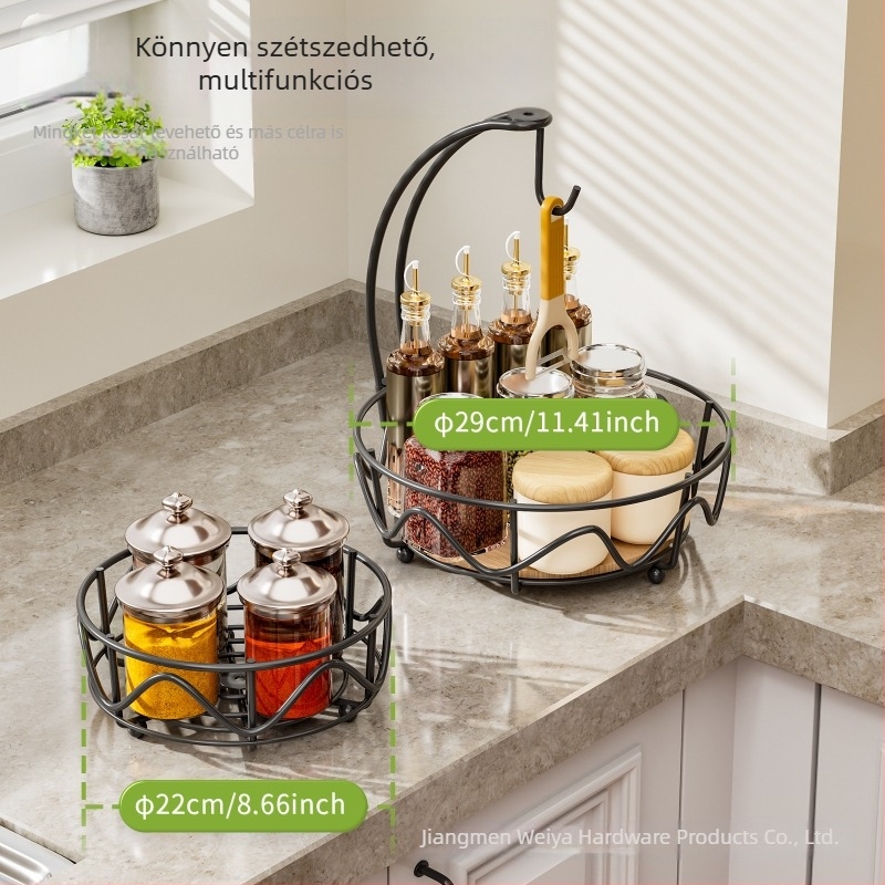 Kovácsoltvas kétszintes tárolóállvány, konyhai gyümölcs- és zöldségtartó kosár kerek fa alappal, leválasztható
