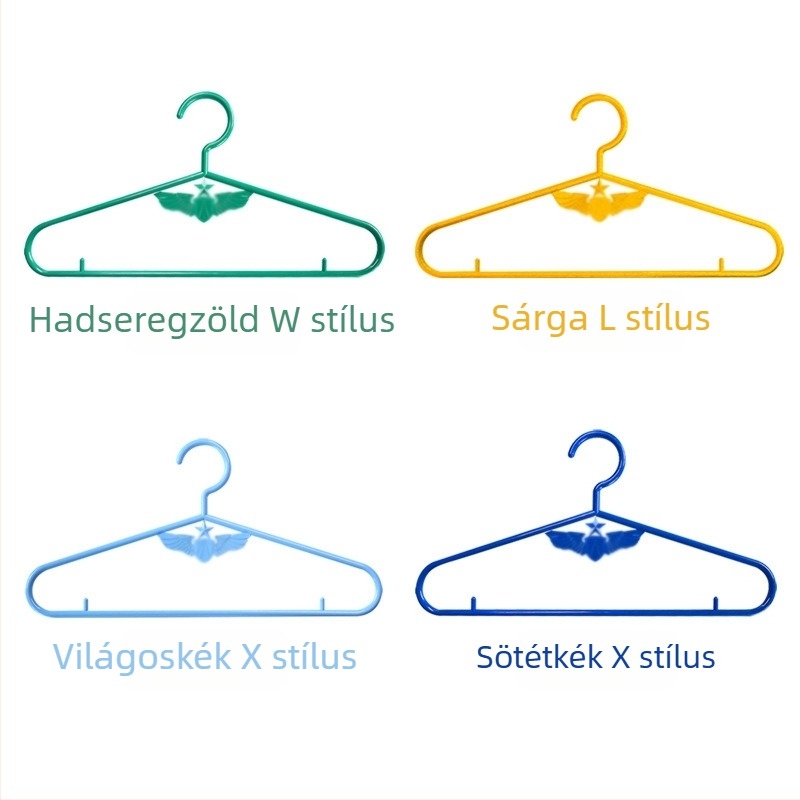 Zöld műanyag ruhakasztó kollégiumi használatra, színváltozatok: lángkék, sárga, sötétkék és világoskék