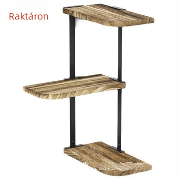 Sarokban elhelyezhető tárolópolc, vas- és faanyag kombináció, háromszintes, nappali és fürdőszoba számára