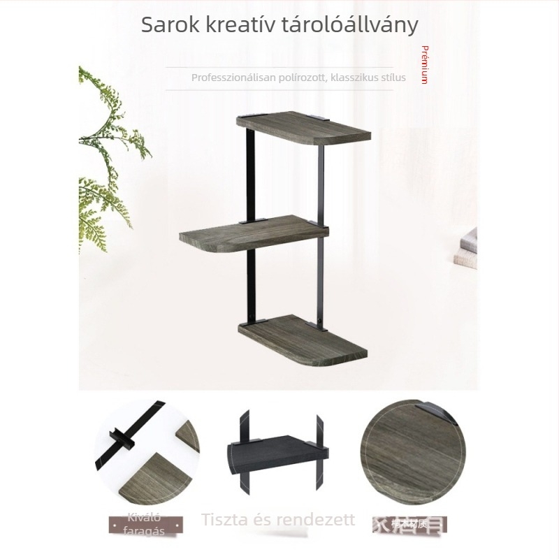 Sarokban elhelyezhető tárolópolc, vas- és faanyag kombináció, háromszintes, nappali és fürdőszoba számára