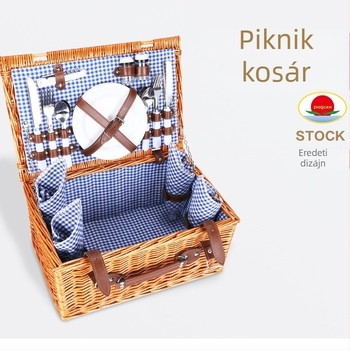 Rattan piknik kosár kézi hordozóval, kültéri használatra, evőeszközökkel és fedéllel, fonott tároló kosár
