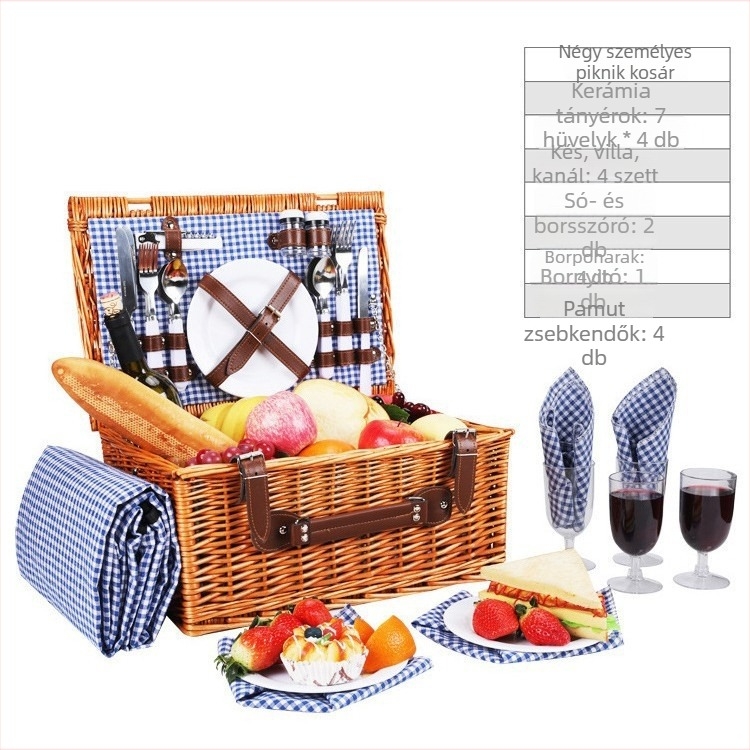 Rattan piknik kosár kézi hordozóval, kültéri használatra, evőeszközökkel és fedéllel, fonott tároló kosár