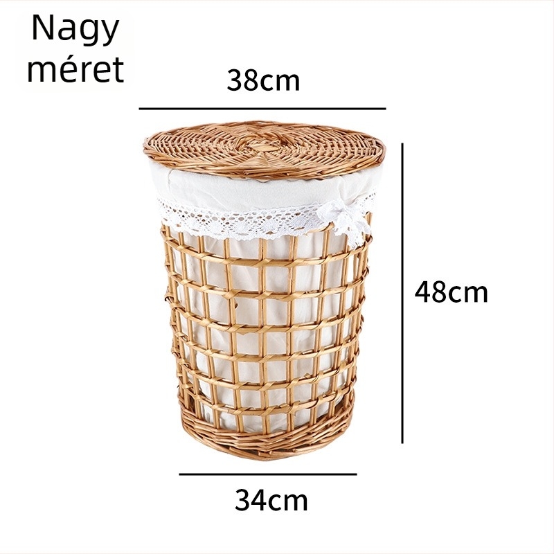 Kerek rattan tárolókosár piszkos ruhákhoz, kézzel szőtt mély mosókosár, nagy méret