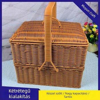 M55 Két szintes kültéri piknik kosár, kézzel készített rattan tálalókosár fedővel, négyszögletes bambusz fonat