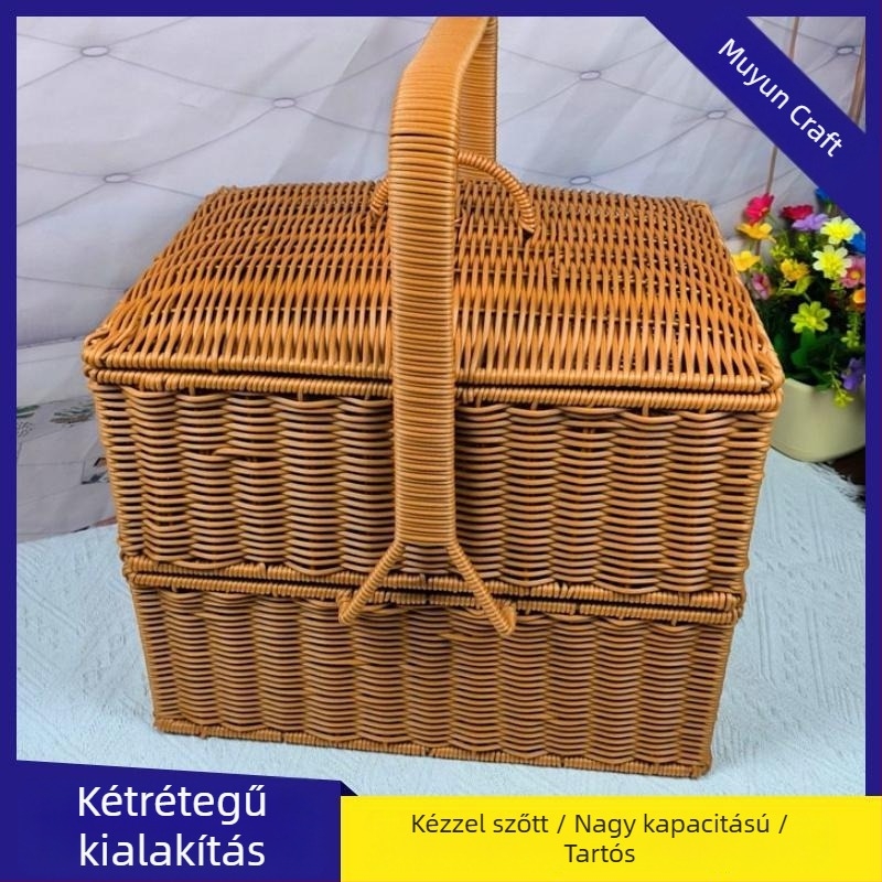 M55 Két szintes kültéri piknik kosár, kézzel készített rattan tálalókosár fedővel, négyszögletes bambusz fonat