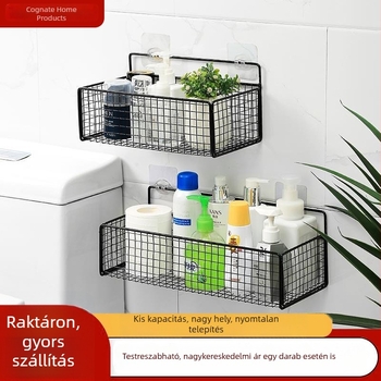 Fali tároló mosdó fölé, fém kosár, akasztóval rögzíthető, fúrás nélkül