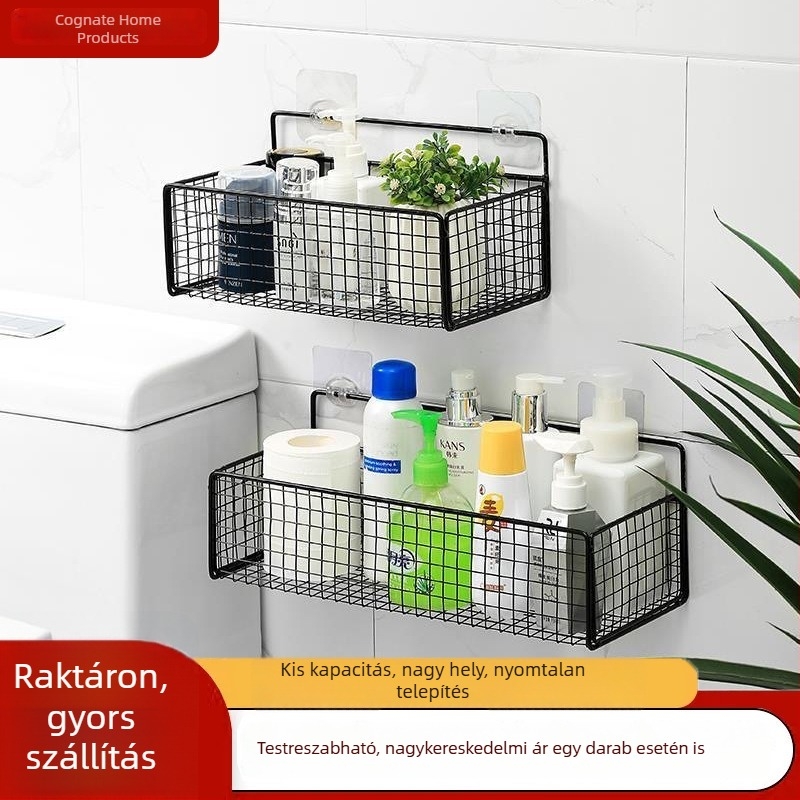 Fali tároló mosdó fölé, fém kosár, akasztóval rögzíthető, fúrás nélkül