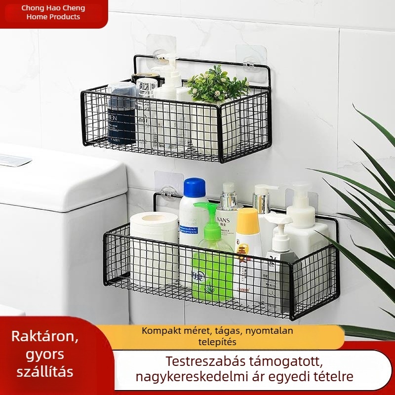 Fali tároló mosdó fölé, fém kosár, akasztóval rögzíthető, fúrás nélkül