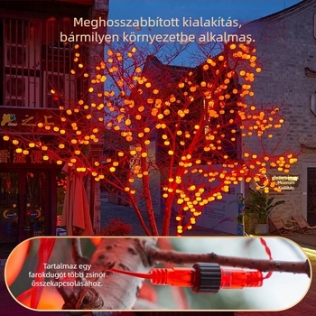 Napelemes persimmon alakú LED-sor világítás, újévi hangulat, kertdekoráció, fákra akasztható beltéri dekoráció