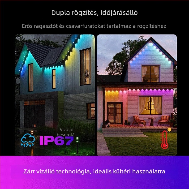 Bluetooth RGB LED fényfüzér ereszhez és kerthez — színes hangulatvilágítás